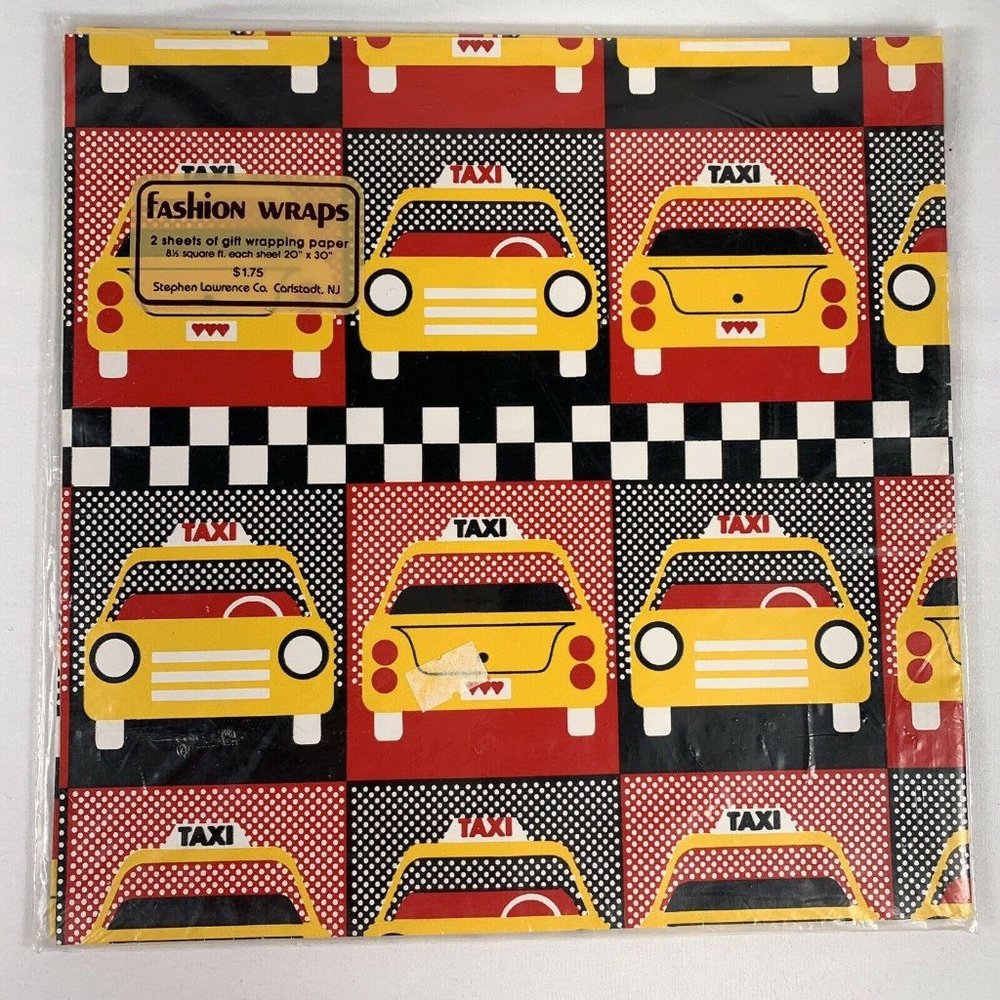 Vintage Stephen Lawrence All Occasion Taxi Cab Gift Wrap Sheets Two 20" x 30"